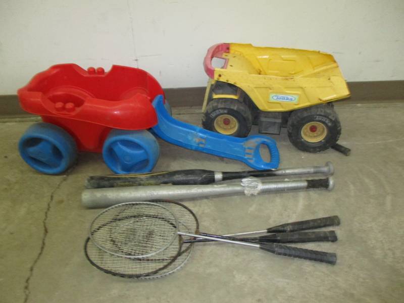 lot 100 image: bats, badmittons and truck and wagon
