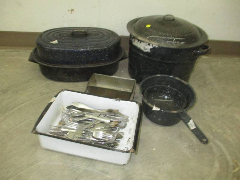 lot 102 image: enamel roaster, canner and pans and silverware