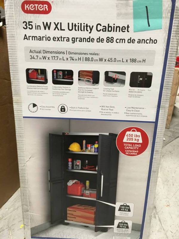 Keter 35 in. x 74 in. Wide XL Freestanding Plastic Utility Cabinet in Black in like new condition