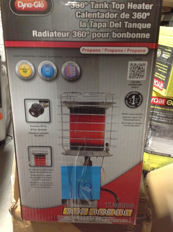 Dyna-Glo 40,000 BTU 360-Degree Radiant Propane Tank Top Portable Heater in working conditions