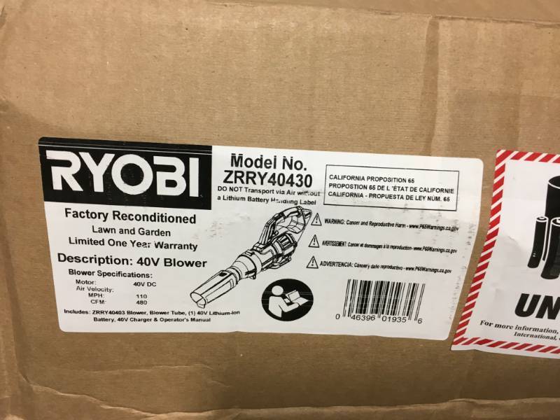 RYOBI Reconditioned 110 MPH 480 CFM 40-Volt Lithium-Ion Cordless Jet Fan Leaf Blower - 3.0 Ah Battery and Charger Included  in like new condition