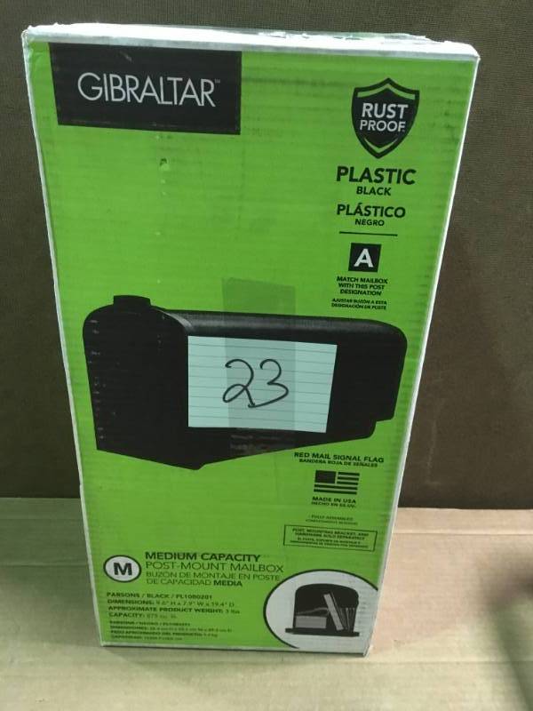 lot 23 image: Gibraltar Mailboxes Parsons Plastic Medium Post Mount Mailbox in Black  in like new condition