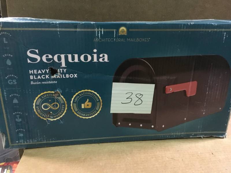 lot 38 image: Architectural Mailboxes Sequoia Black Heavy Duty Post Mount Mailbox  in like new condition