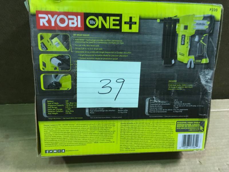 lot 39 image: RYOBI 18-Volt ONE Lithium-Ion Cordless AirStrike 18-Gauge Brad Nailer (Tool-Only) with Sample Nails  in like new condition