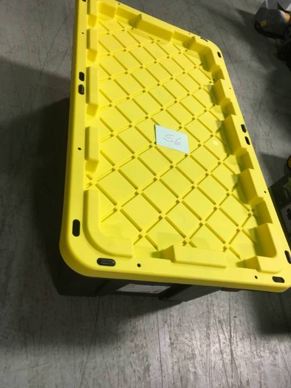 lot 56 image: 38 Gal Storage Box Tote Snap Fit Container Lockable Lid Heavy Duty Plastic Bin  in like new condition