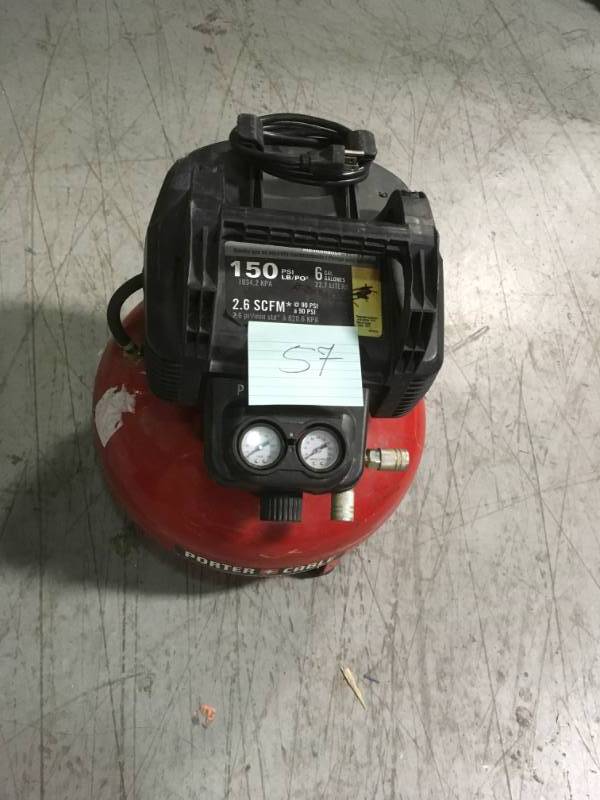 lot 57 image: Porter-Cable 6 Gal. 150 PSI Portable Electric Pancake Air Compressor USED in good condition