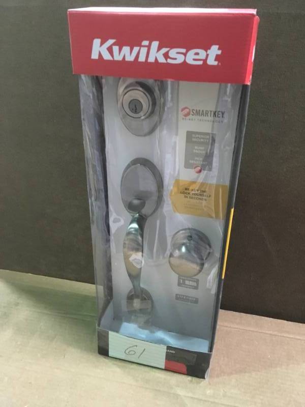 lot 61 image: Kwikset Chelsea Satin Nickel Single Cylinder Door Handleset with Juno Knob Featuring SmartKey Security  in like new condition