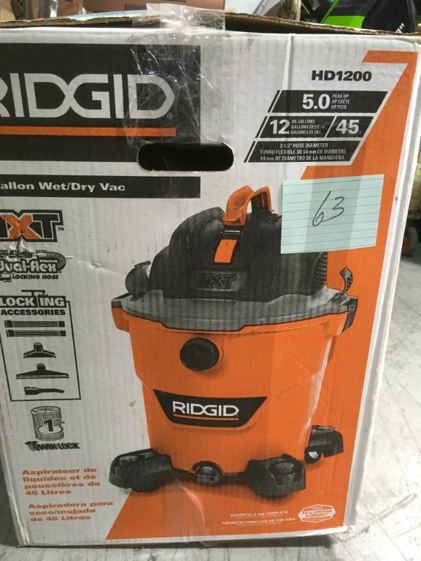 lot 63 image: RIDGID 12 Gal. 5.0-Peak HP NXT Wet Dry Vac USED in good condition