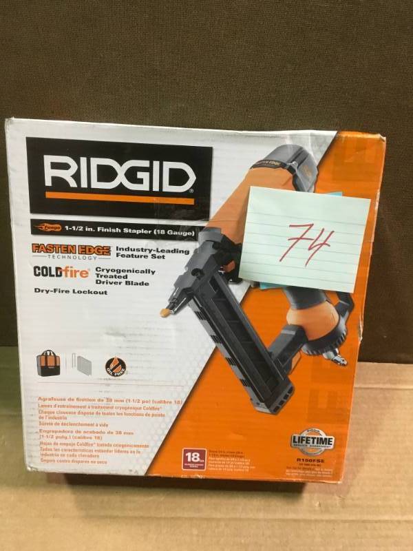 lot 74 image: RIDGID Reconditioned 18-Gauge 1-12 in. Finish Stapler  in like new condition