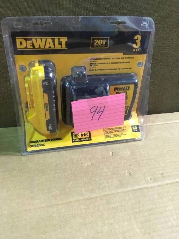 lot 94 image: DEWALT 20-Volt MAX Lithium-Ion Battery Pack 3.0Ah with Charger  in like new condition