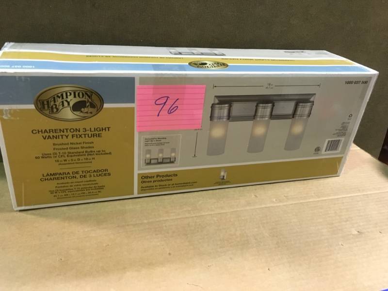 lot 96 image: 3-Light Brushed Nickel Wall Vanity Fixture  in like new condition