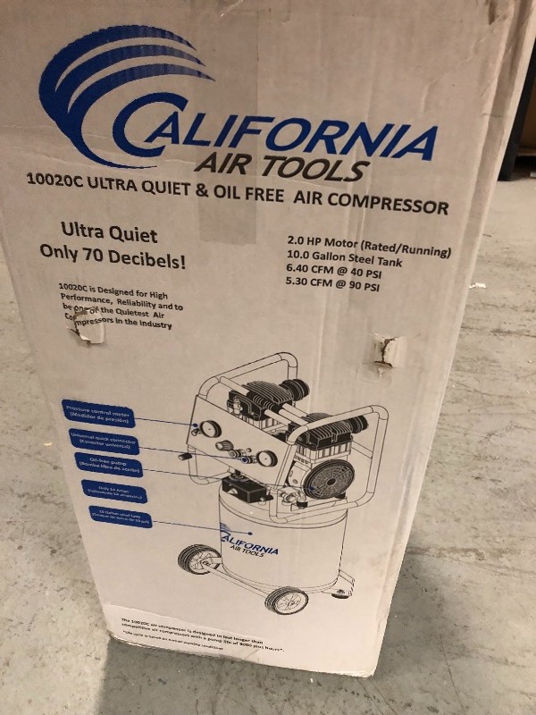 lot 103 image: California Air Tools 10020C Ultra Quiet & Oil-Free 2.0 Hp, 10.0 Gal. Steel Tank Air Compressor not used