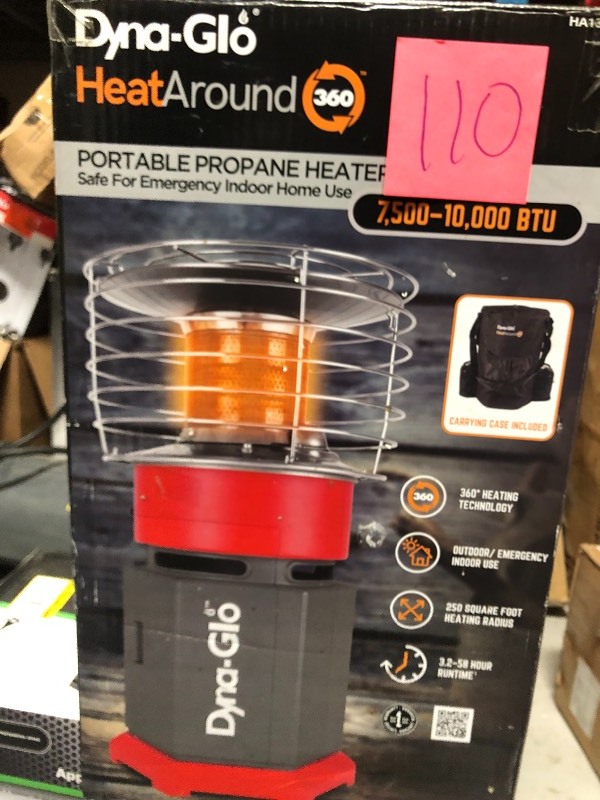 lot 110 image: Dyna-Glo 10K BTU HeatAround 360 Portable Recreational Heater with Carrying Case in Red in working conditions