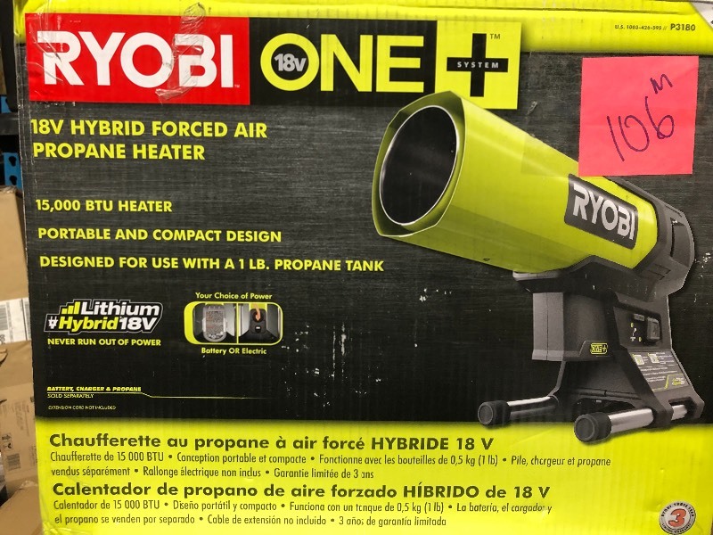 lot 104 image: RYOBI 18-Volt ONE 15K BTU Hybrid Forced Air Propane Heater (Tool Only) in working conditions
