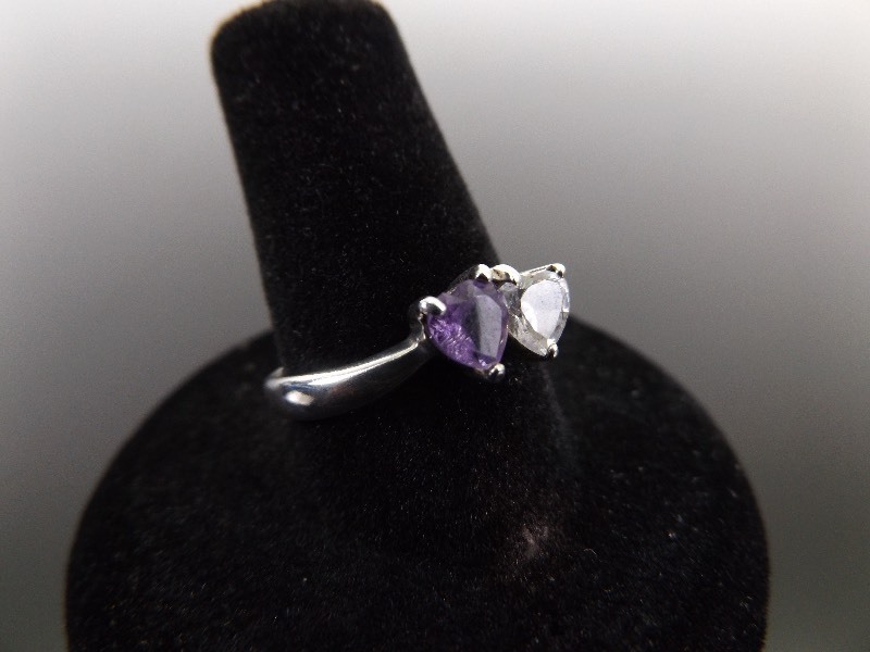 lot 18 image: .925 Sterling Silver Amethyst and Crystal Heart Ring Size 8.25