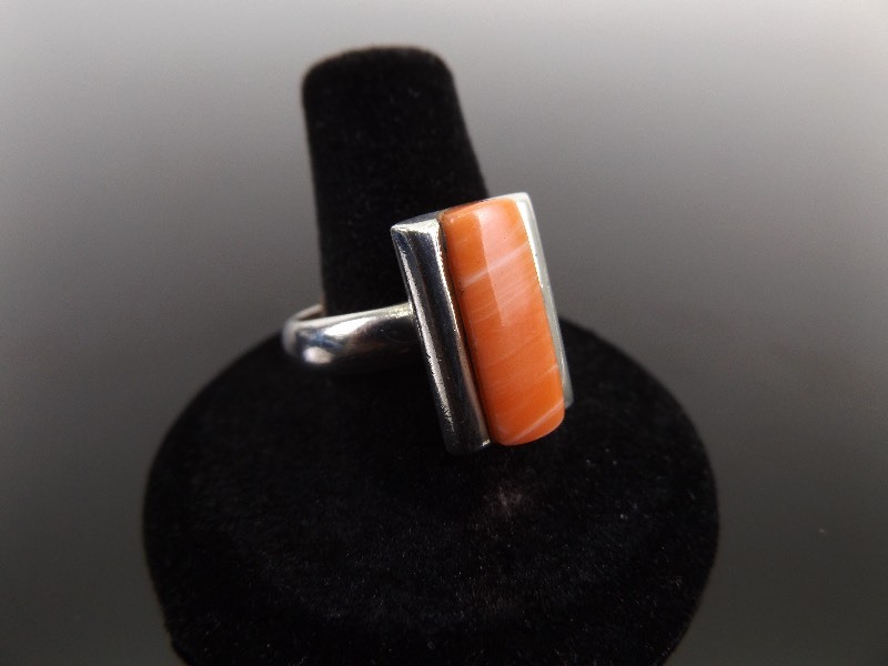 lot 19 image: .925 Sterling Silver Pink Opal Baguette Cabochon Ring Size 10.25