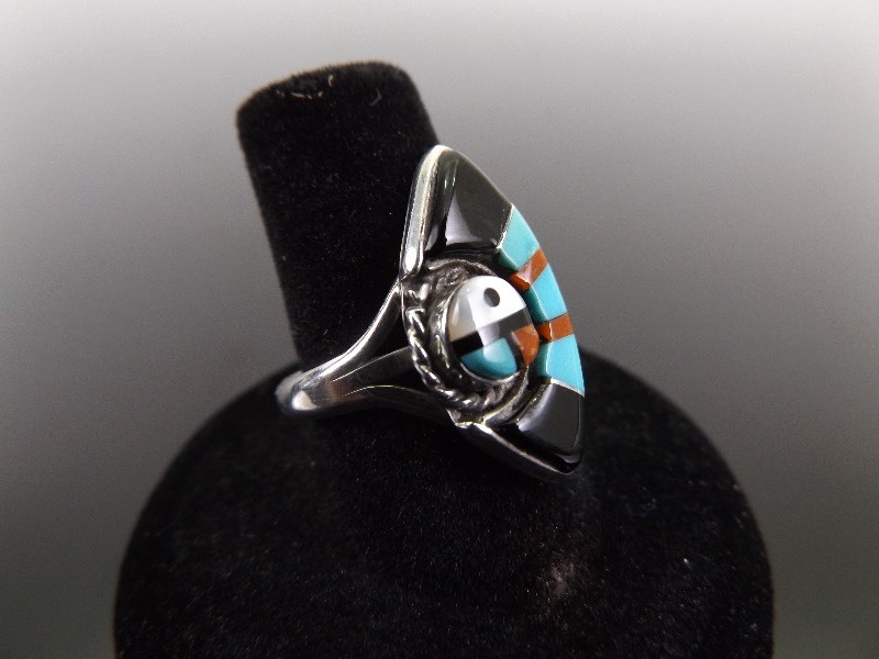 lot 1 image: .925 Sterling Silver Navajo Turquoise, Red Coral, and MOP Ring Size 7