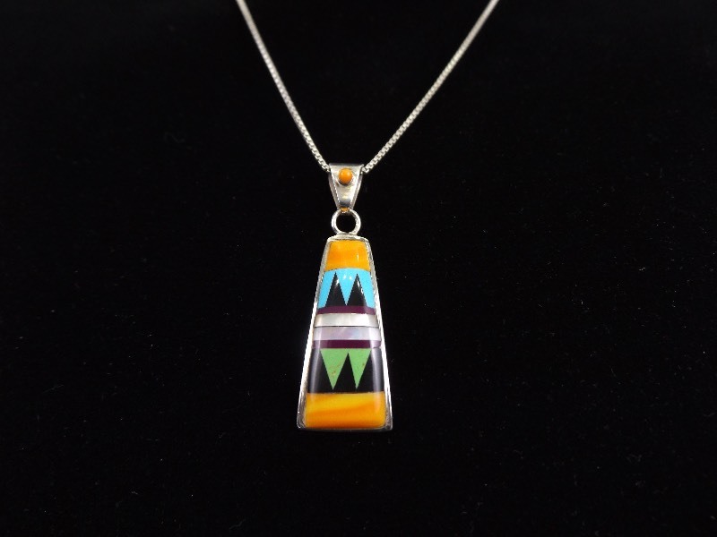 lot 34 image: .925 Sterling Silver Multi Stone Navajo Pendant Necklace
