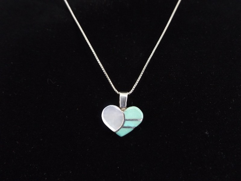 lot 36 image: .925 Sterling Silver Turquoise and Mother of Pearl Heart Pendant Necklace