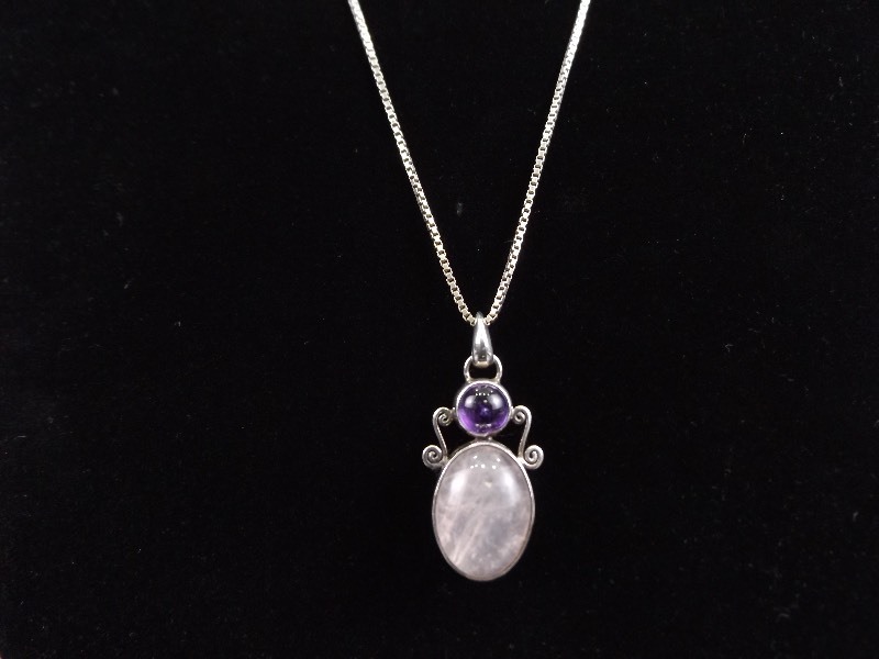 lot 42 image: .925 Sterling Silver Amethyst and Rose Quartz Cabochon Pendant Necklace