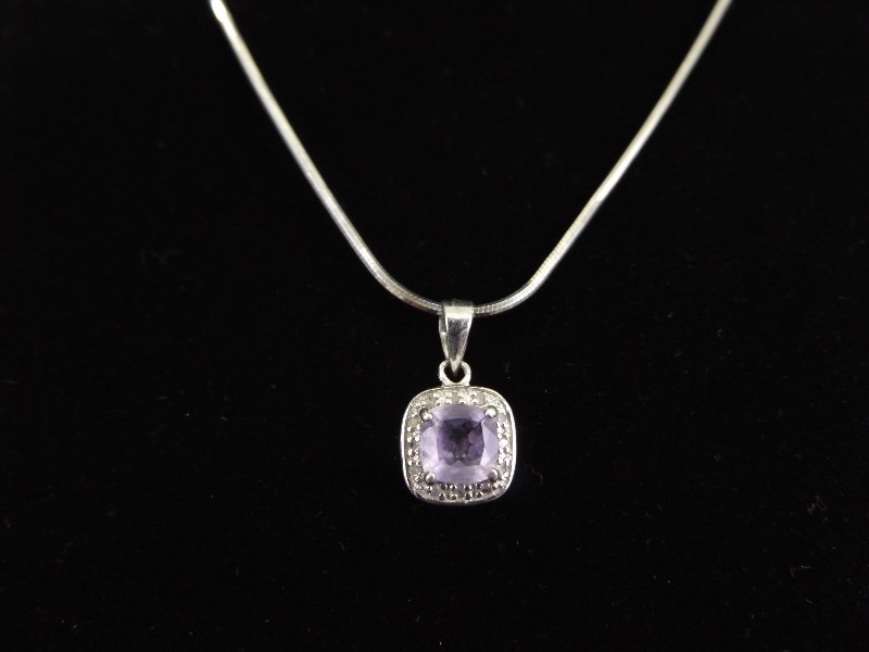 lot 43 image: .925 Sterling Silver&nbspPrincess Cut Amethyst and Diamond Accented Pendant Necklace