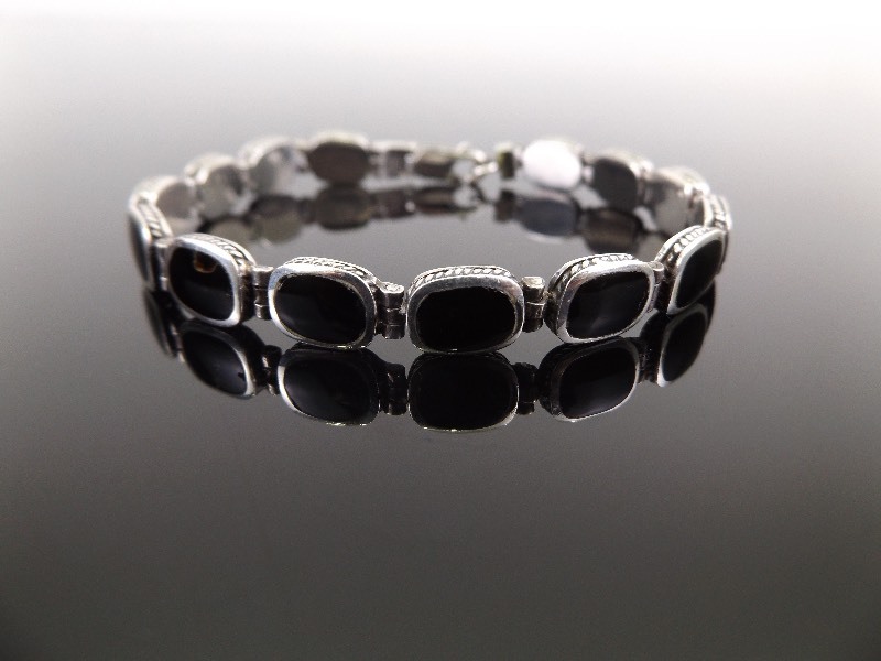 lot 64 image: .925 Sterling Silver Black Onyx Hinged Link Bracelet