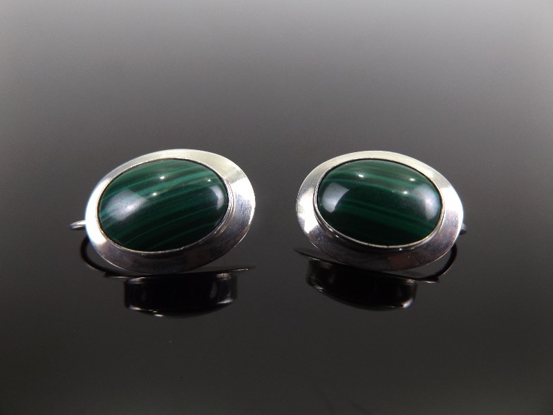 lot 92 image: .925 Sterling Silver Malachite Cabochon Earrings
