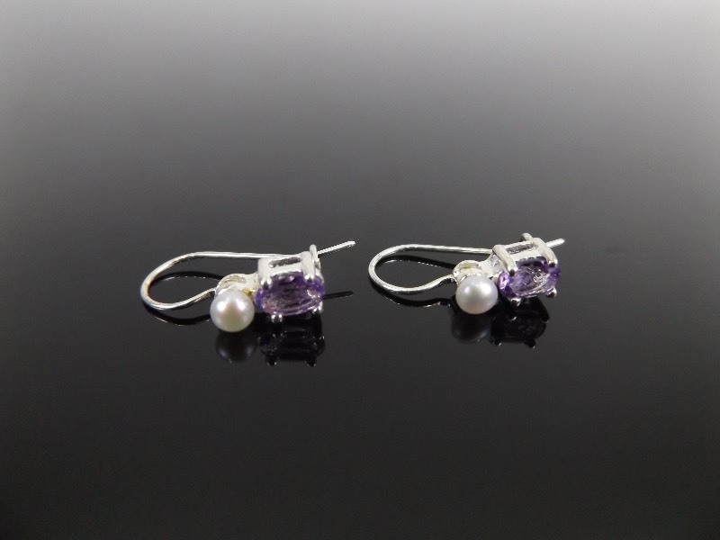 lot 96 image: .925 Sterling Silver Faceted Amethyst and Cultured Pearl Earrings