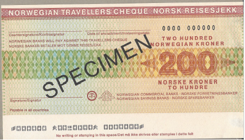 Norway Traveler Check Specimen Unc. Banknote
