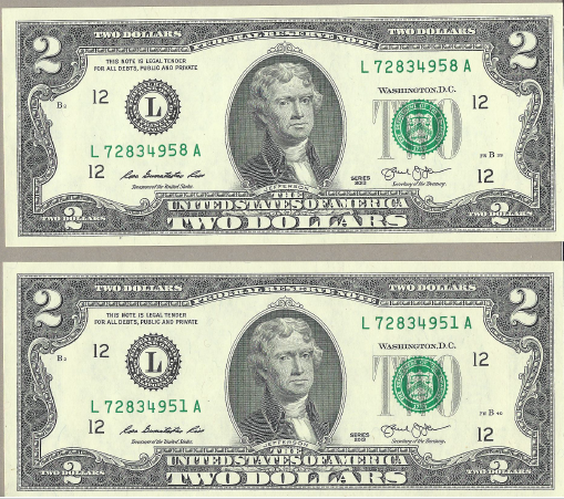 Two Crisp Federal Reserve $2 Bills
