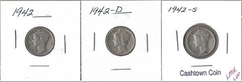 Three Different Mercury Dimes - 1942, 1942-D, & 1942-S