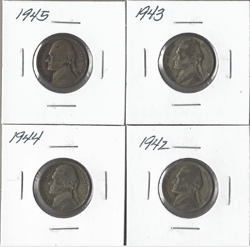 Four Different Silver War Nickels - P Mints - 1942, 1943, 1944, & 1945
