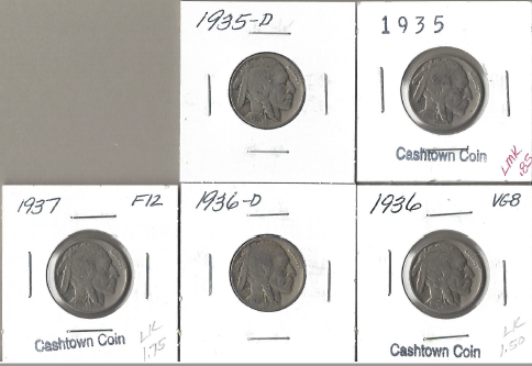 Five Different Buffalo Nickels - 1935, 1936, 1936-D, 1937, &  1935-D