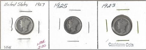 Three Different Mercury Dimes - 1923, 1925, & 1927