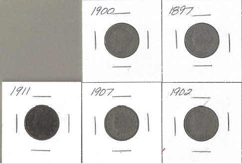 5 Liberty Head Nickels - 1897, 1900, 1902, 1907, & 1911