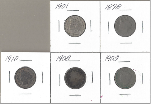 5 Liberty Head Nickels - 1898, 1901, 1902, 1908, & 1910