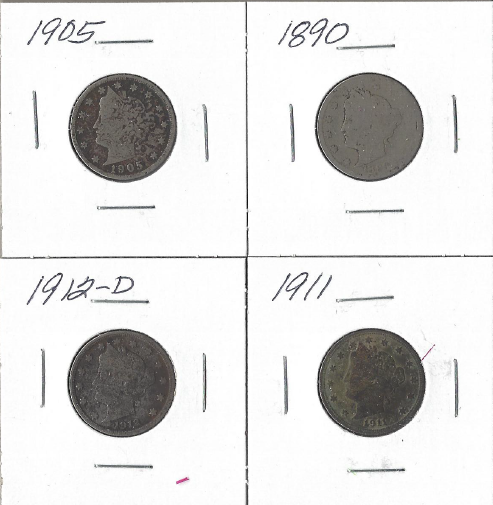 4 Liberty Head Nickels - 1890, 1905, 1911,  &  1912-D