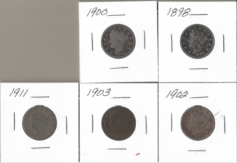 5 Liberty Head Nickels - 1898, 1900, 1902, 1903, & 1911