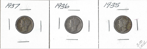 Three Silver Dimes - 1935, 1936, & 1937