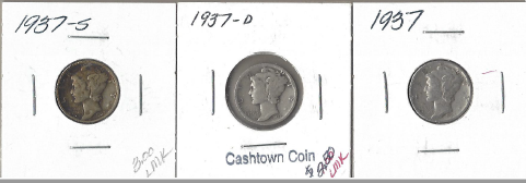 Three Silver Dimes - 1937, 1937-D, & 1937-S