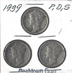 Three Silver Dimes - 1939, 1939-D, & 1939-S