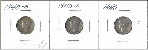 Three Silver Dimes - 1940, 1940-D, & 1940-S