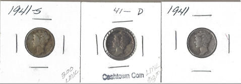 Three Silver Dimes - 1941, 1941-D,  & 1941-S