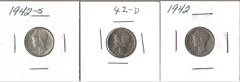 Three Silver Dimes - 1942,  1942-D, & 1942-S