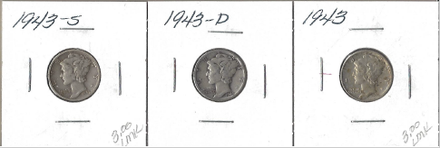 Three Silver Dimes - 1943, 1943-D, & 1943-S