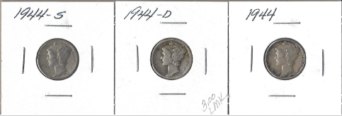 Three Silver Dimes - 1944, 1944-D, & 1944-S