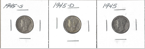 Three Silver Dimes - 1945, 1945-D, & 1945-S