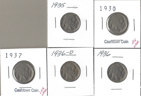 Five Different Buffalo Nickels - 1930, 1935, 1936, 1936-D, & 1937