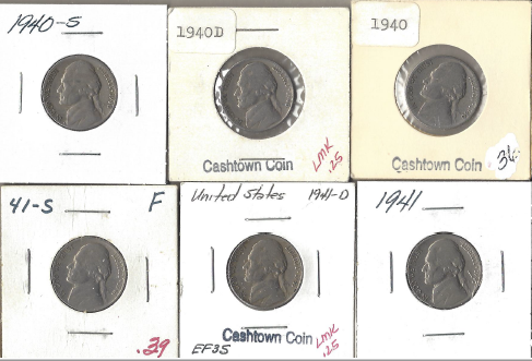 Six Different Jefferson Nickels - 1940 P,D,&S 1941 P,D,&S