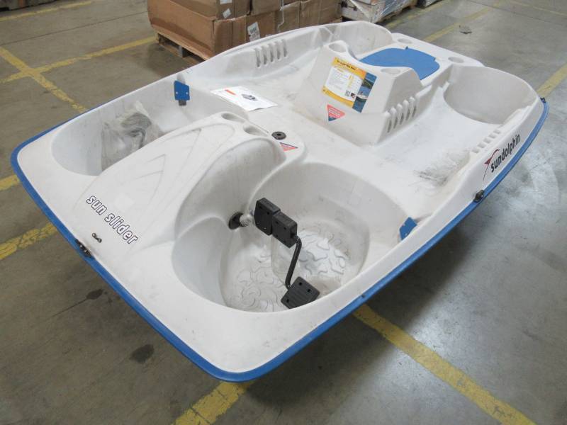 lot 21 image: Sun Dolphin Sun Slider 5-Person Pedal Boat, 61141. - Damaged Front, Missing Seat Backs and Tiller Steering Bar